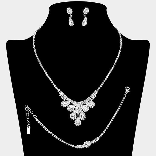 Madeline Love Clear, Silver Teardrop Stone Embellished Rhinestone Paved Jewelry Set
