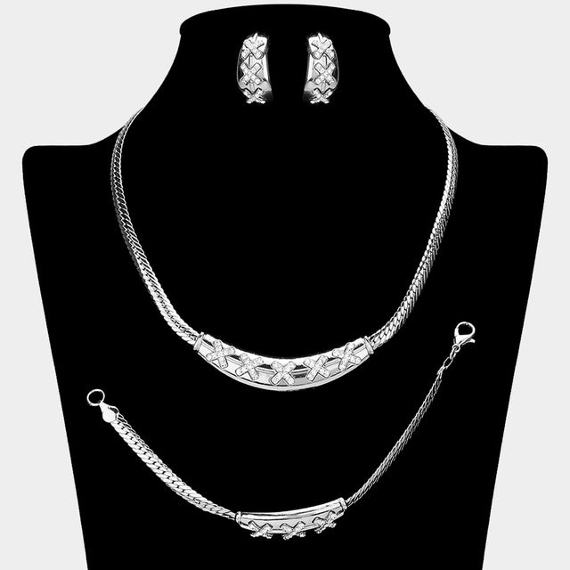 Madeline Love Clear, Silver Rhinestone Paved X Pointed Plate Snake Chain Necklace Jewelry Set