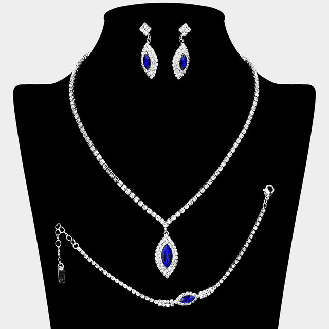 Madeline Love Sapphire, Silver Marquise Stone Pendant Accented Rhinestone Paved Jewelry Set