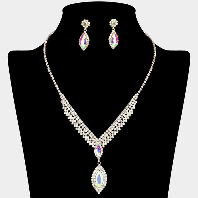Madeline Love AB, Gold Marquise Stone Pointed Rhinestone Paved V Shaped Necklace - Jewelry