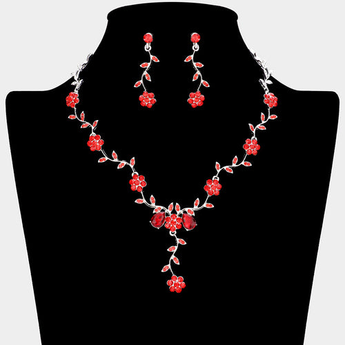 Collar de diamantes de imitación con hojas y flores - Red, Silver