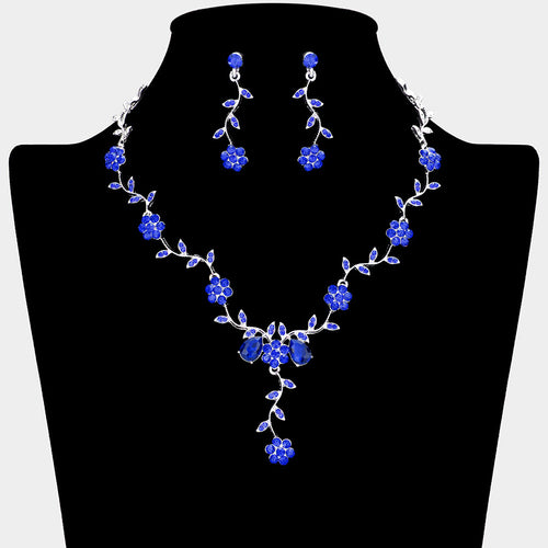 Collar de diamantes de imitación con hojas y flores - Sapphire, Silver