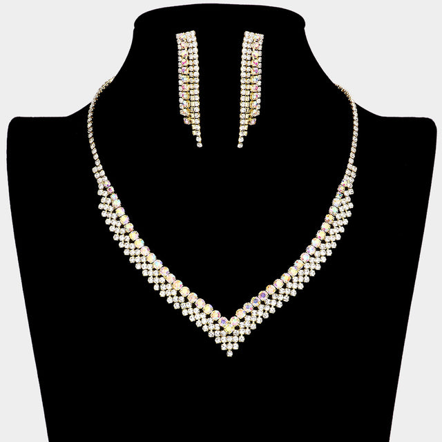Madeline Love AB, Gold V Shaped Rhinestone Necklace - Jewelry