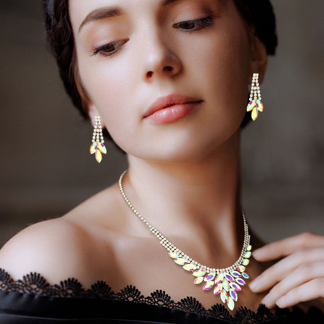 Madeline Love AB, Gold Marquise Stone Cluster Rhinestone Necklace - Jewelry
