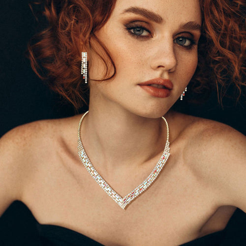 Baguette Stone Pointed Rhinestone V Shaped Necklace - AB, Gold
