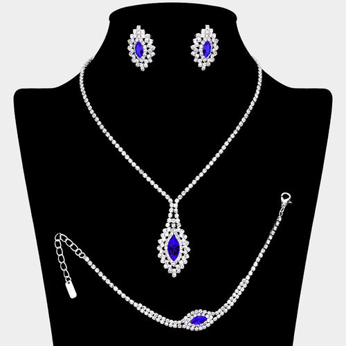 Marquise Stone Accented Rhinestone Paved Jewelry Set - Sapphire, Silver