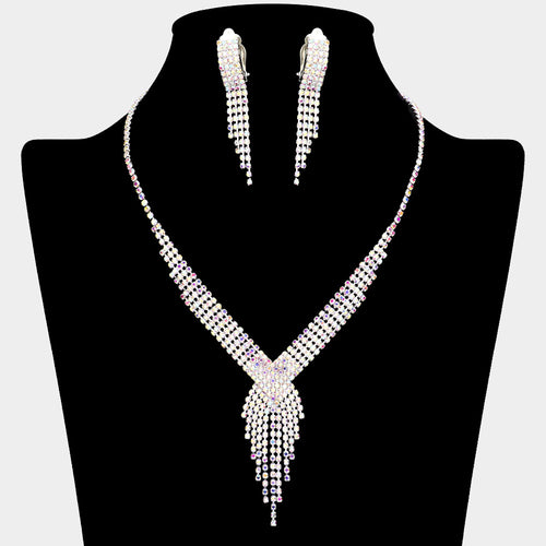 Rhinestone Pave Fringe Necklace & Clip Earring Set - AB, Silver
