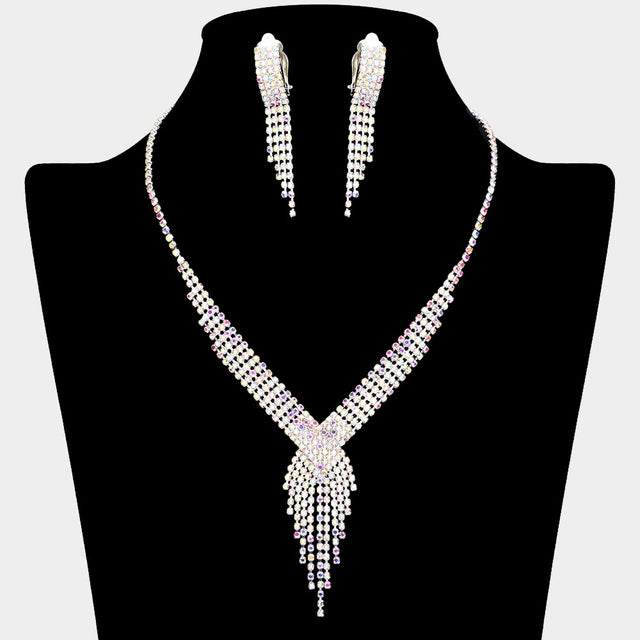 Madeline Love AB, Silver Rhinestone Pave Fringe Necklace & Clip Earring Set - Jewelry