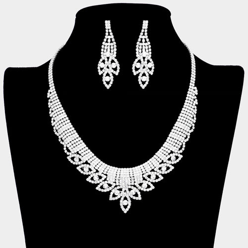 Round Stone Marquise Rhinestone Paved Accented Collar Necklace - Silver