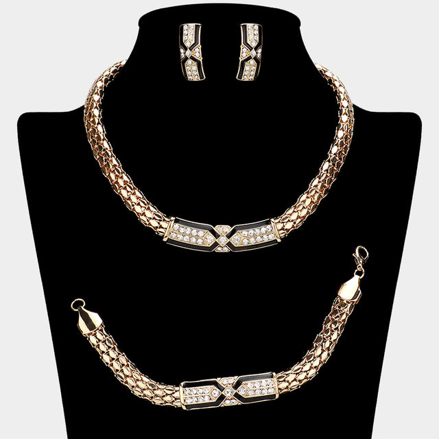 Madeline Love Clear, Gold Geometric Rhinestone Paved Plate Pointed Chunky Necklace Jewelry Set