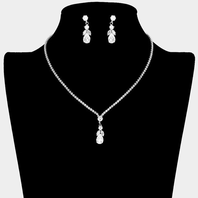 Madeline Love Silver CZ Teardrop Stone Pointed Pendant Rhinestone Paved Necklace - Jewelry