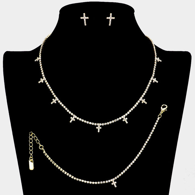 Madeline Love Gold Cross CZ Stone Station Rhinestone Paved Necklace Jewelry Set