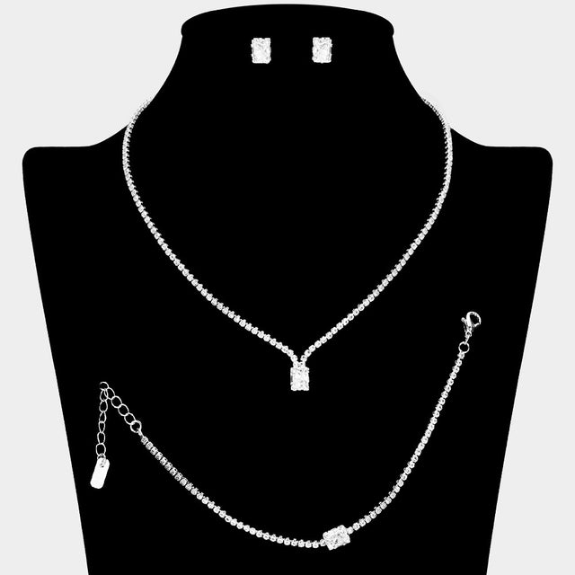 Madeline Love Silver Rectangle Stone Pointed Rhinestone Paved Necklace Jewelry Set