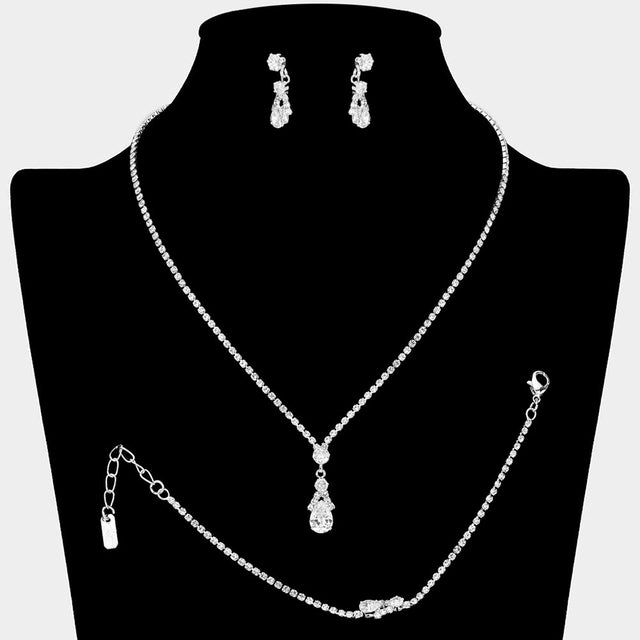 Madeline Love Clear, Silver Teardrop CZ Stone Pendant Accent Rhinestone Paved Jewelry Set