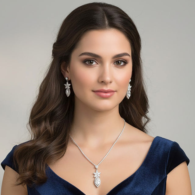 Madeline Love Clear, Silver Floral Marquise CZ Stone Cluster Pendant Rhinestone Paved Necklace - Jewelry