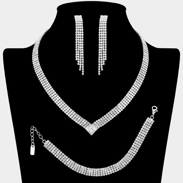 Madeline Love Clear, Silver Four Row Rhinestone Paved V Shaped Jewelry Set