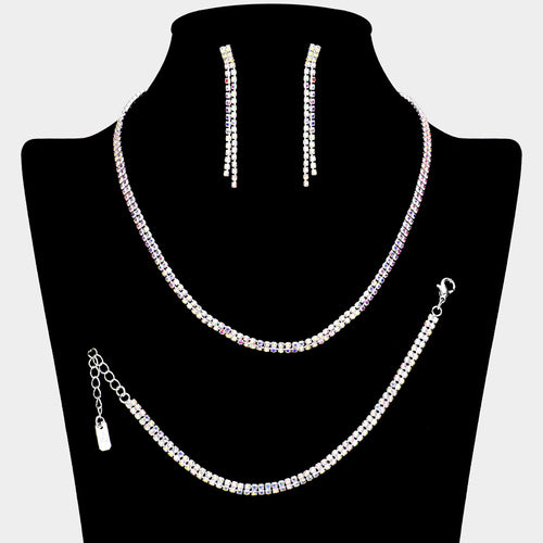 Rhinestone Paved 2-Row Necklace Jewelry Set - AB, Silver