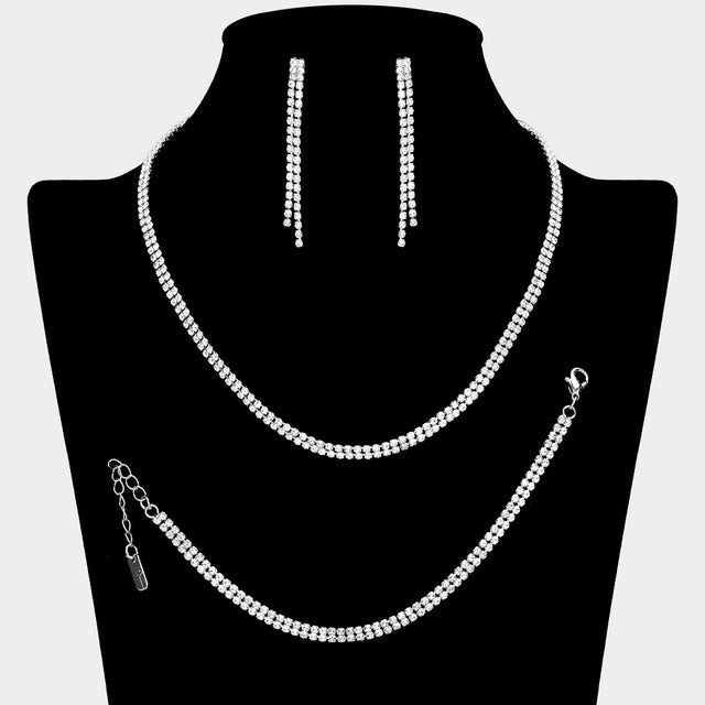 Madeline Love Silver Rhinestone Paved 2-Row Necklace Jewelry Set