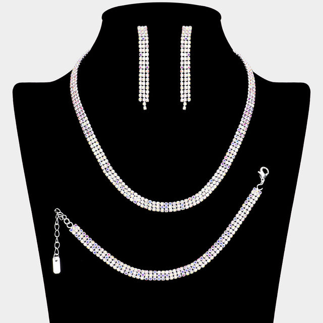 Madeline Love AB, Silver Rhinestone Paved 3-Row Necklace Jewelry Set