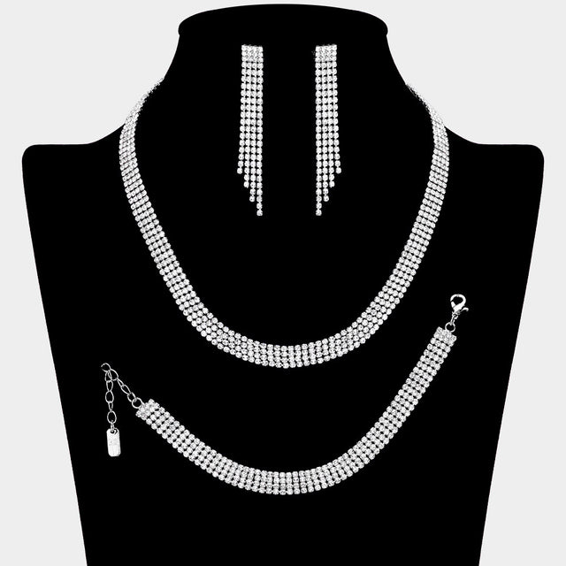 Madeline Love Silver Rhinestone Paved 4-Row Necklace Jewelry Set