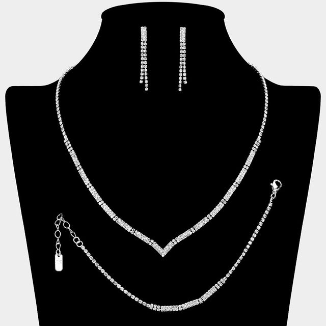 Madeline Love Clear, Silver Rhinestone Paved Bar Link V Shaped Jewelry Set