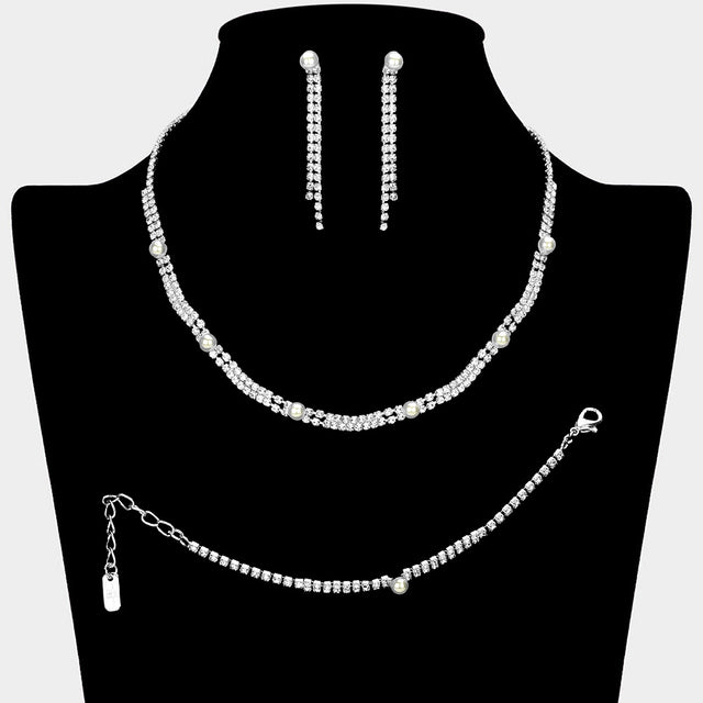Madeline Love Silver, White Pearl Cluster Pointed Rhinestone Paved Necklace Jewelry Set