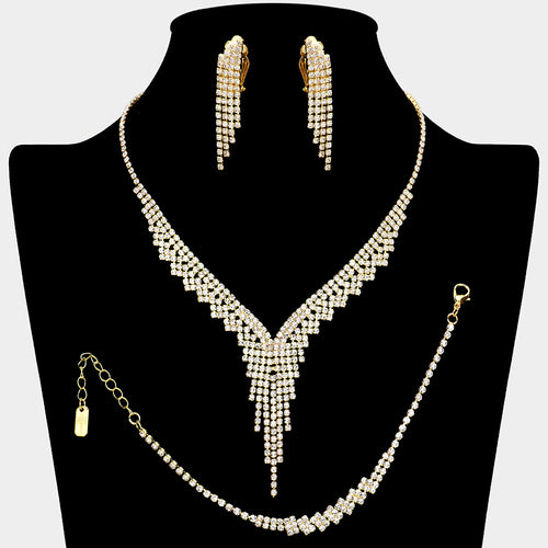 Rhinestone Paved Fringe Necklace Jewelry Set - Clear, Gold