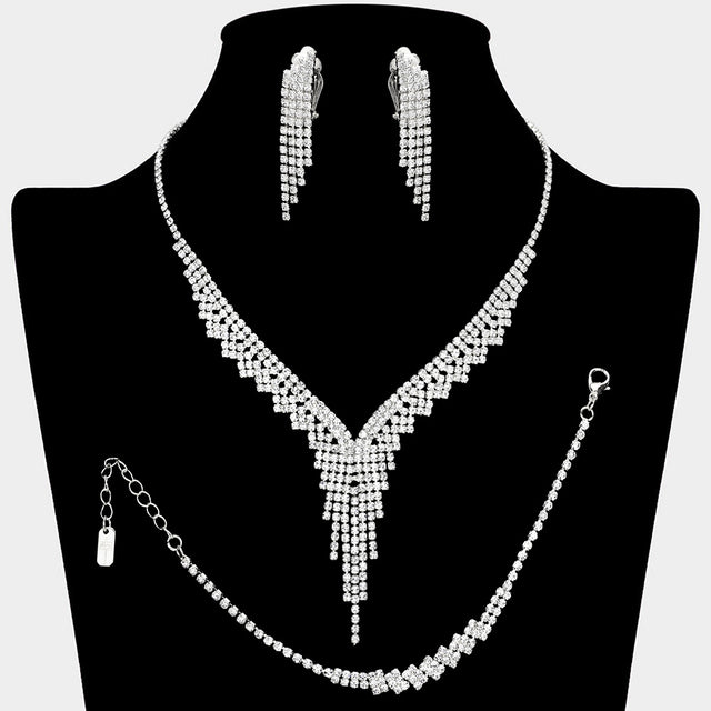 Madeline Love Clear, Silver Rhinestone Paved Fringe Necklace Jewelry Set