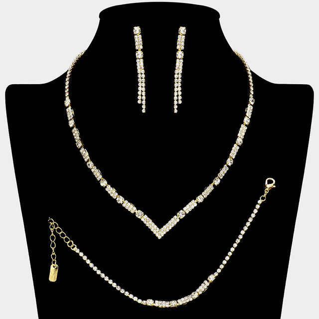 Madeline Love Clear, Gold Square Stone Cluster Pointed Rhinestone Paved Necklace Jewelry Set
