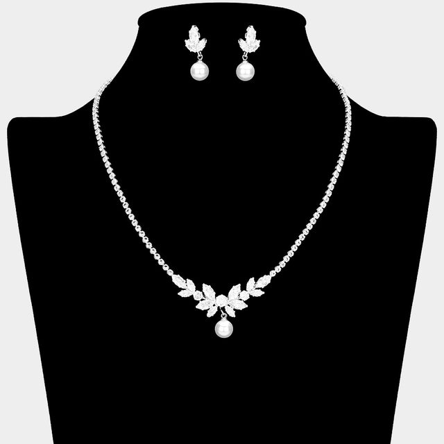 Madeline Love Silver, White Pearl Pointed Marquise CZ Stone Cluster Embellished Rhinestone Paved Necklace - Jewelry