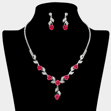 Madeline Love Pink, Silver Colored Rose Flower Marquise Stone Cluster Link Rhinestone Paved Necklace - Necklaces