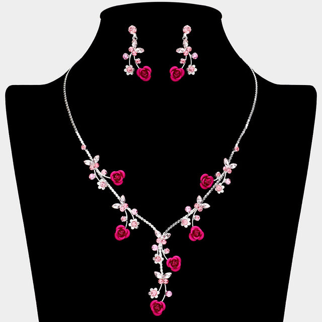 Madeline Love Pink, Silver Colored Rose Vine Butterfly Stone Cluster Rhinestone Paved Necklace - Jewelry