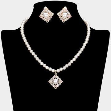 Madeline Love Cream, Gold Pearl Centered Stone Paved Pendant Pointed Necklace - Necklaces
