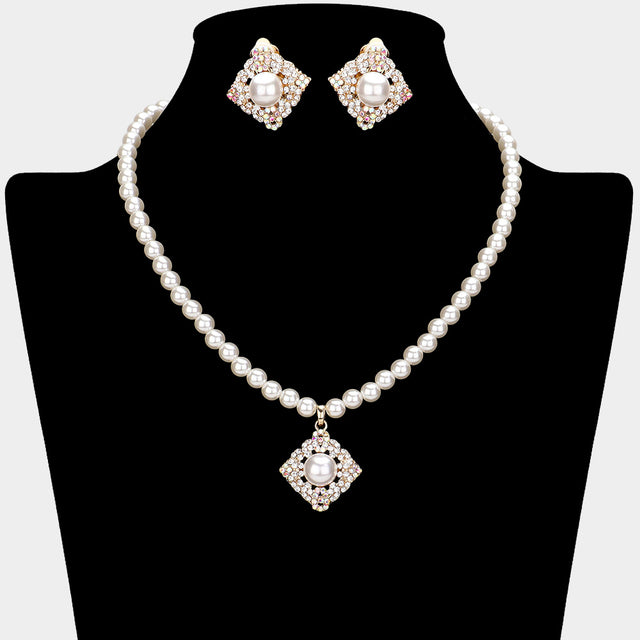 Madeline Love Cream, Gold Pearl Centered Stone Paved Pendant Pointed Necklace - Necklaces