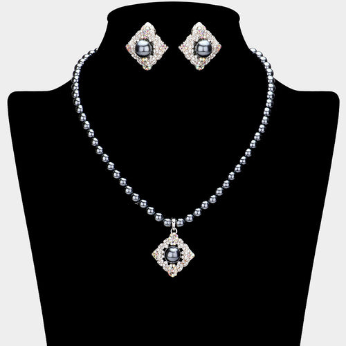 Pearl Centered Stone Paved Pendant Pointed Necklace - Hematite, Silver