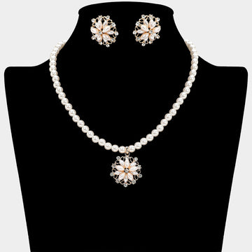 Madeline Love Cream, Gold Pearl Flower Rhinestone Pendant Necklace - Necklaces