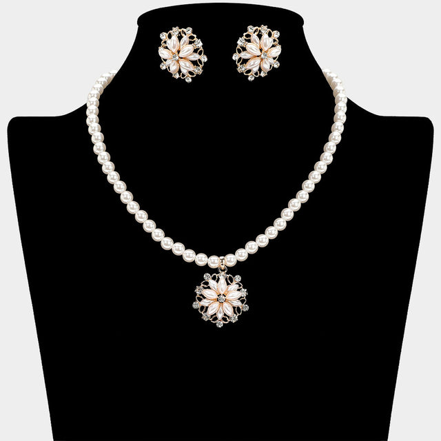 Madeline Love Cream, Gold Pearl Flower Rhinestone Pendant Necklace - Necklaces