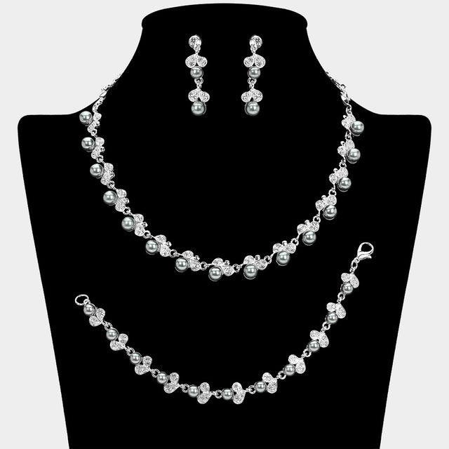 Madeline Love Hematite, Silver Pearl Rhinestone Jewelry Set - Necklaces