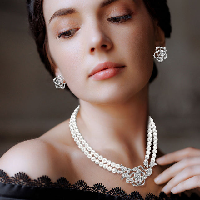 Madeline Love Silver, White Rhinestone Paved Rose Pendant Double Layered Pearl Necklace - Necklaces