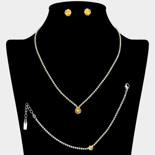 Round CZ Stone Accent Rhinestone Paved Jewelry Set - Silver, Yellow