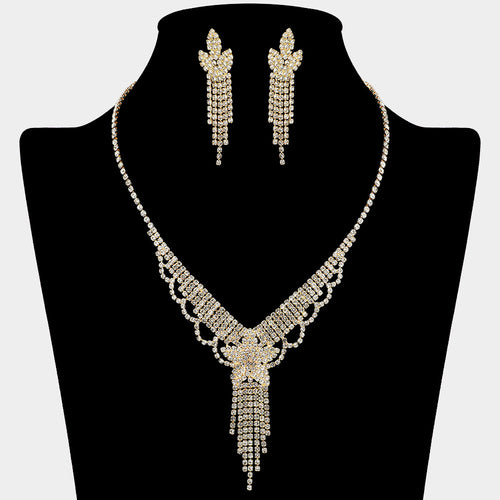 Flower Fringe Accent Rhinestone Paved Necklace - Clear, Gold