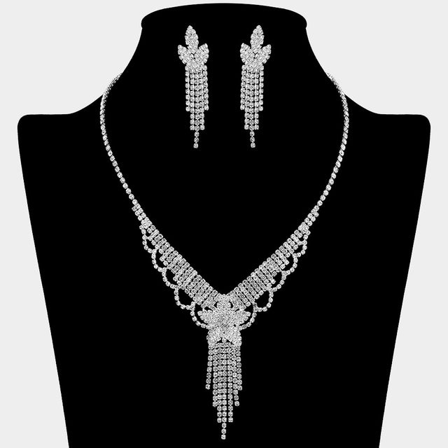 Madeline Love Clear, Silver Flower Fringe Accent Rhinestone Paved Necklace - Jewelry