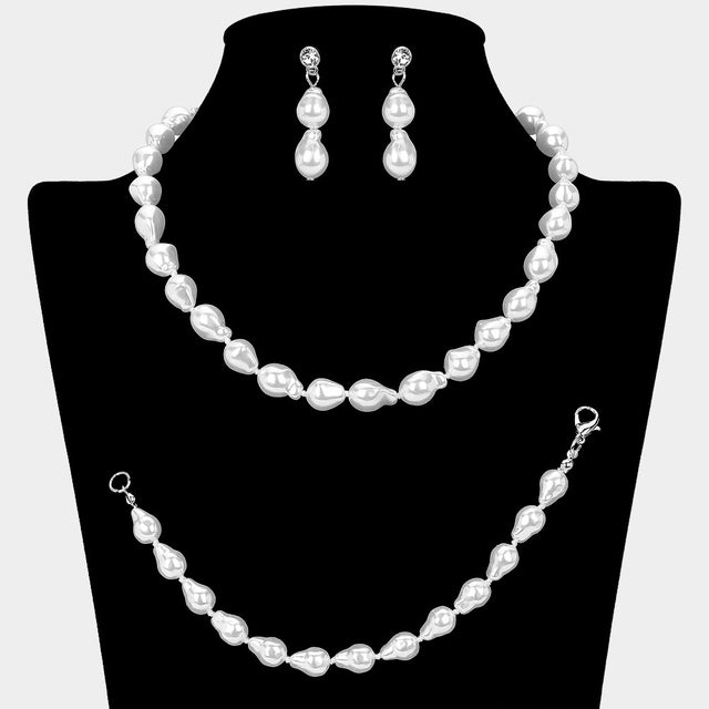 Madeline Love Silver, White Teardrop Pearl Jewelry Set - Necklaces