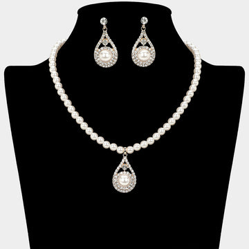 Madeline Love Cream, Gold Pearl Accent Rhinestone Paved Teardrop Pendant Pearl Necklace - Necklaces