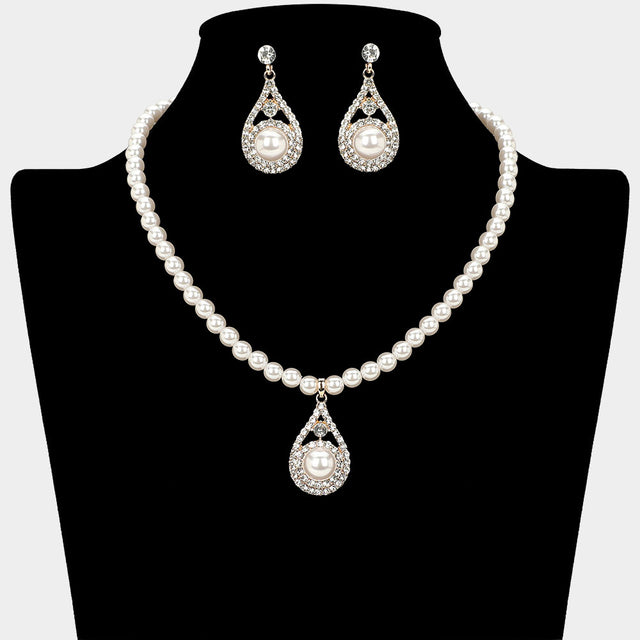 Madeline Love Cream, Gold Pearl Accent Rhinestone Paved Teardrop Pendant Pearl Necklace - Necklaces