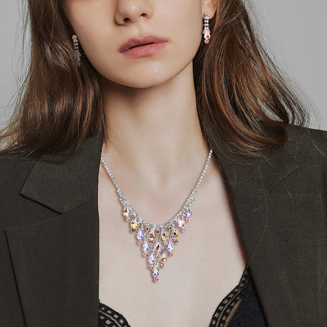 Madeline Love AB, Pink, Silver Teardrop Cluster Embellished Chandelier Accent Rhinestone Paved Necklace - Jewelry
