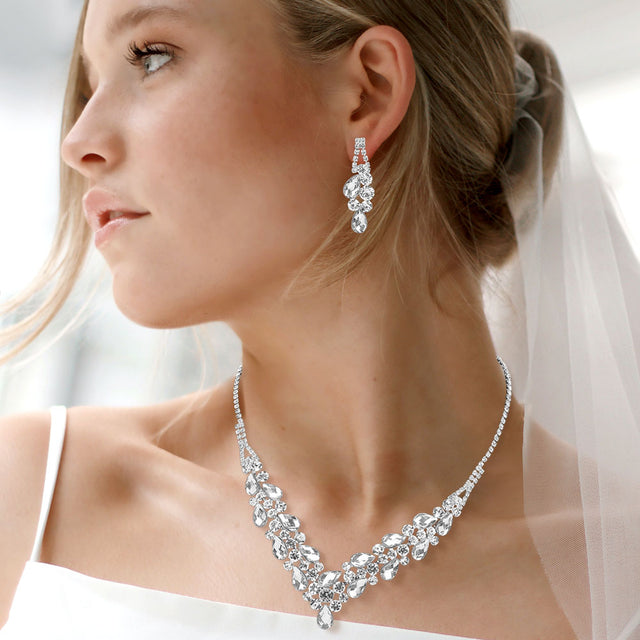 Madeline Love Clear, Silver Teardrop Stone Cluster Embellished V Shaped Rhinestone Paved Necklace - Jewelry