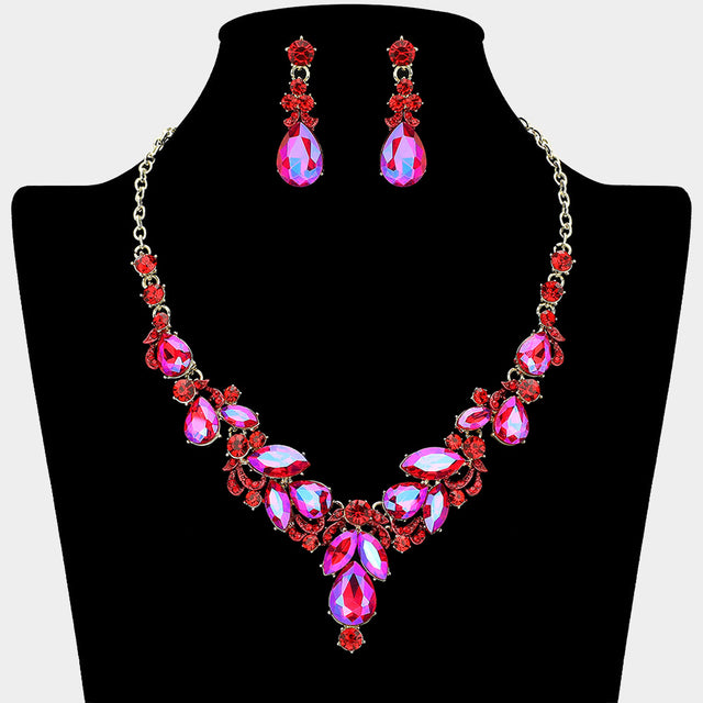 Madeline Love AB, Gold, Red Teardrop Accent Ornate Marquise Stone Cluster Embellished Rhinestone Necklace - Jewelry