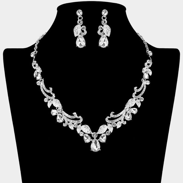 Madeline Love Clear, Silver Teardrop Stone Cluster Embellished Rhinestone Paved Leaf Vine Necklace - Jewelry