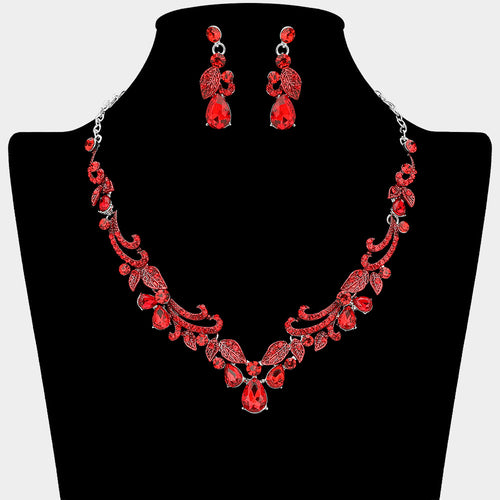 Teardrop Stone Cluster Embellished Rhinestone Paved Leaf Vine Necklace - Red, Silver